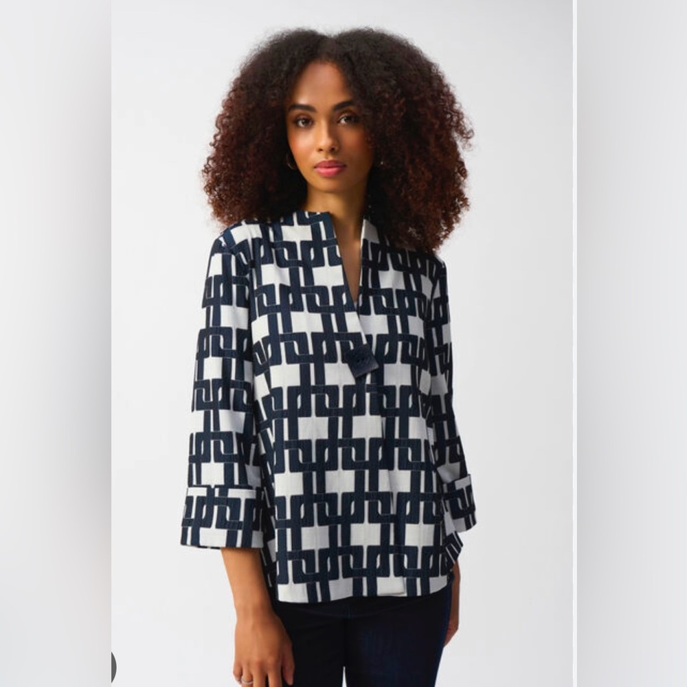 Joseph Ribkoff Off-White/Navy Geometric Print Trapeze Jacket
